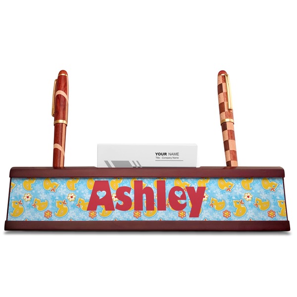 Rubber Duckies & Flowers Red Mahogany Nameplates with Business Card Holder - Straight