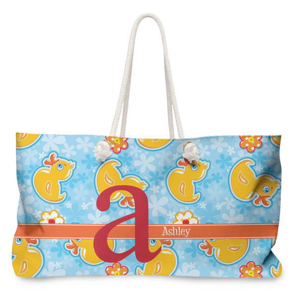 Custom Rubber Duckies & Flowers Large Tote Bag with Rope Handles (Personalized)