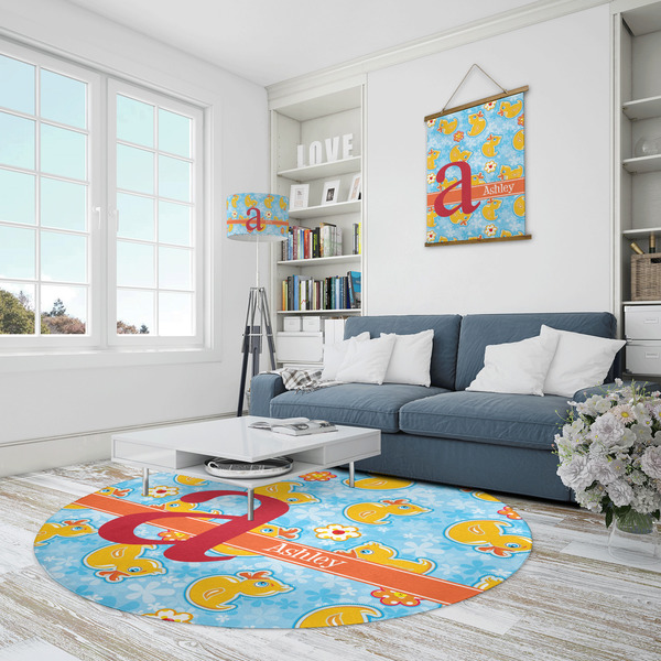 Rubber Duckies & Flowers Round Area Rug - IN CONTEXT