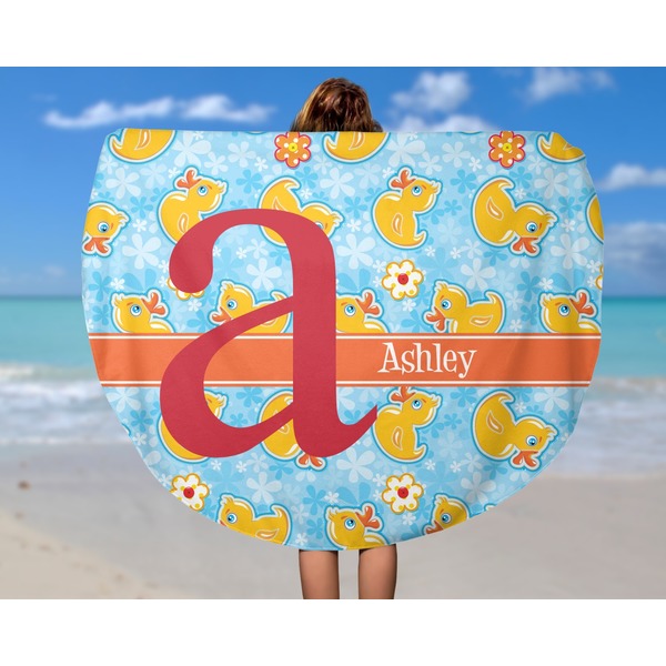 Rubber Duckies & Flowers Round Beach Towel - In Use