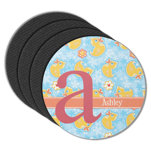 Custom Rubber Duckies & Flowers Round Rubber Backed Coasters - Set of 4 (Personalized)