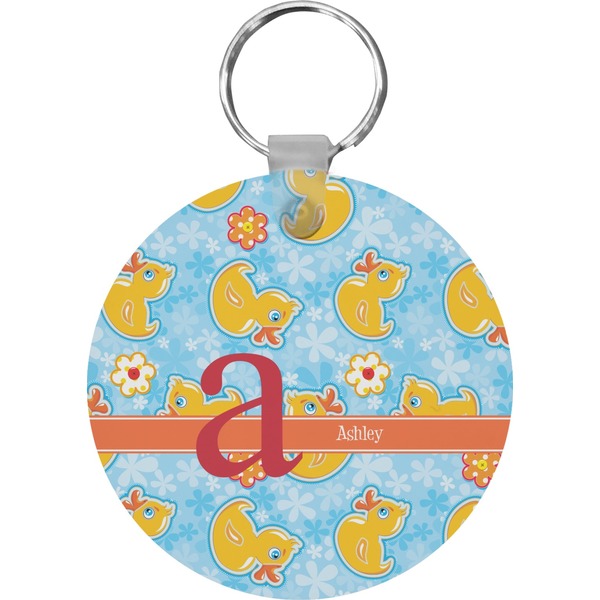 Custom Rubber Duckies & Flowers Round Plastic Keychain (Personalized)