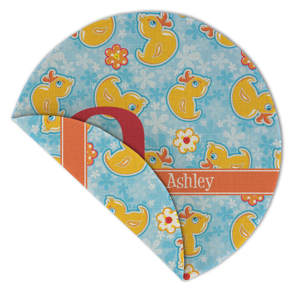 Rubber Duckies & Flowers Round Linen Placemats - Front (folded corner double sided)