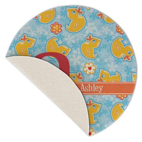 Rubber Duckies & Flowers Round Linen Placemats - Front (folded corner single sided)