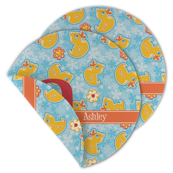 Custom Rubber Duckies & Flowers Round Linen Placemat - Double Sided (Personalized)