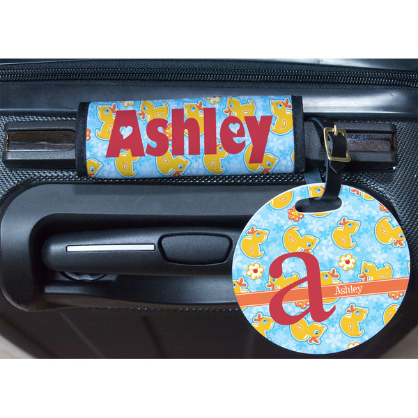 Rubber Duckies & Flowers Round Luggage Tag & Handle Wrap - In Context