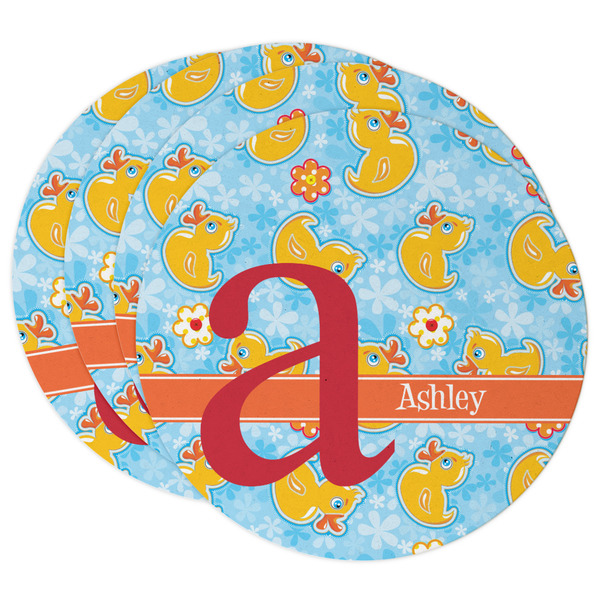 Custom Rubber Duckies & Flowers Round Paper Coasters w/ Name and Initial