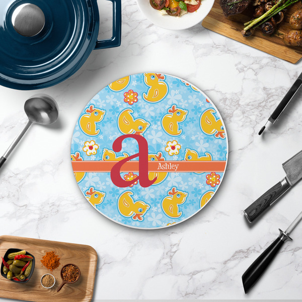Rubber Duckies & Flowers Round Stone Trivet - In Context View