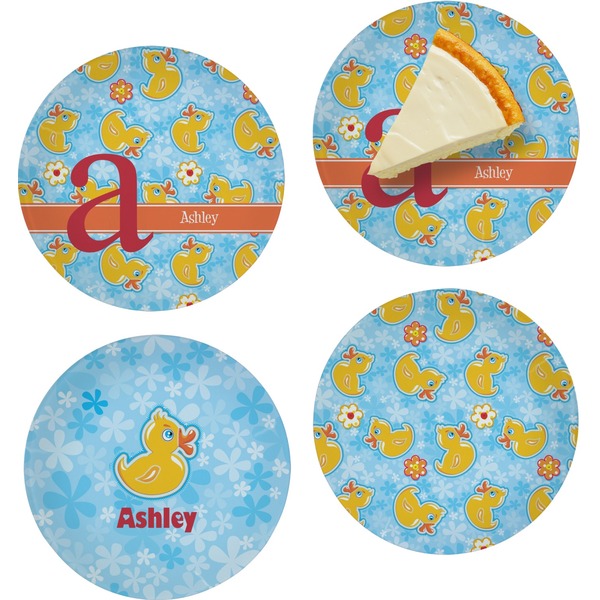 Custom Rubber Duckies & Flowers Set of 4 Glass Appetizer / Dessert Plate 8" (Personalized)