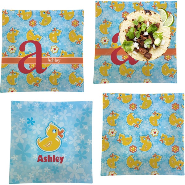 Custom Rubber Duckies & Flowers Set of 4 Glass Square Lunch / Dinner Plate 9.5" (Personalized)