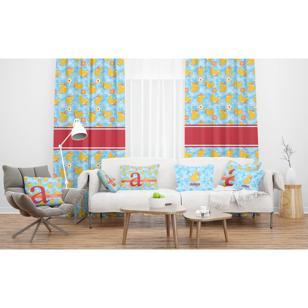 Rubber Duckies & Flowers Sheer and Custom Curtains in Room with Matching Pillows