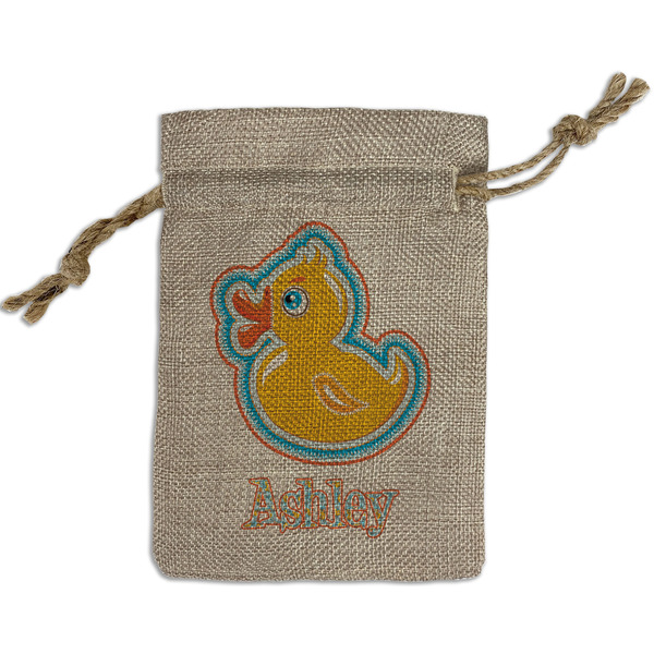 Custom Rubber Duckies & Flowers Small Burlap Gift Bag - Front (Personalized)