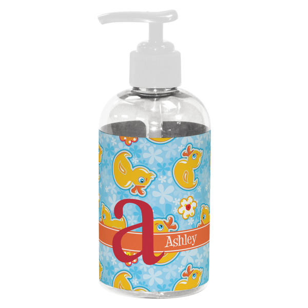 Custom Rubber Duckies & Flowers Plastic Soap / Lotion Dispenser (8 oz - Small - White) (Personalized)