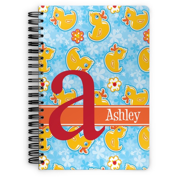 Custom Rubber Duckies & Flowers Spiral Notebook - 7x10 w/ Name and Initial