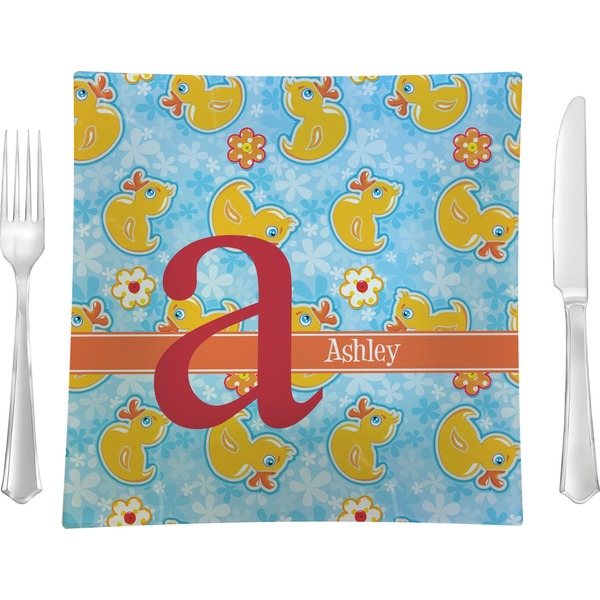 Custom Rubber Duckies & Flowers Glass Square Lunch / Dinner Plate 9.5" (Personalized)