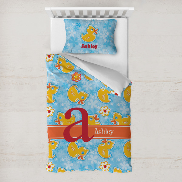 Custom Rubber Duckies & Flowers Toddler Bedding w/ Name and Initial