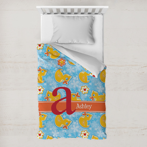 Custom Rubber Duckies & Flowers Toddler Duvet Cover w/ Name and Initial