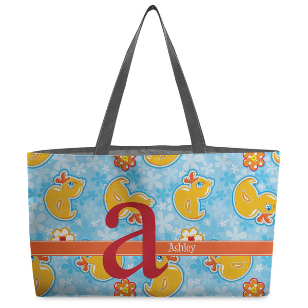 Custom Rubber Duckies & Flowers Beach Totes Bag - w/ Black Handles (Personalized)