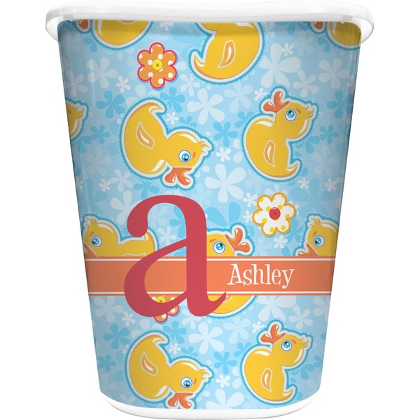 Custom Rubber Duckies & Flowers Waste Basket - Double Sided (White) (Personalized)