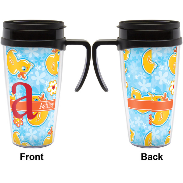Rubber Duckies & Flowers Travel Mug with Black Handle - Approval