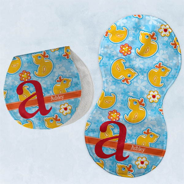 Custom Rubber Duckies & Flowers Burp Pads - Velour - Set of 2 w/ Name and Initial