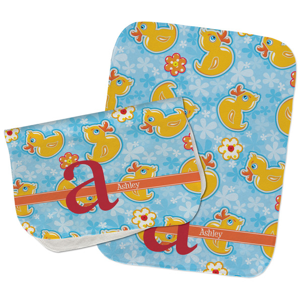 Rubber Duckies & Flowers Two Rectangle Burp Cloths - Open & Folded