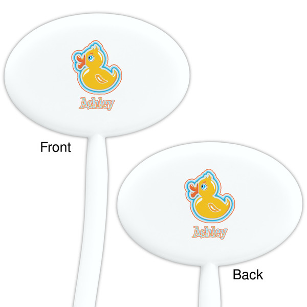 Rubber Duckies & Flowers White Plastic 7" Stir Stick - Double Sided - Oval - Front & Back