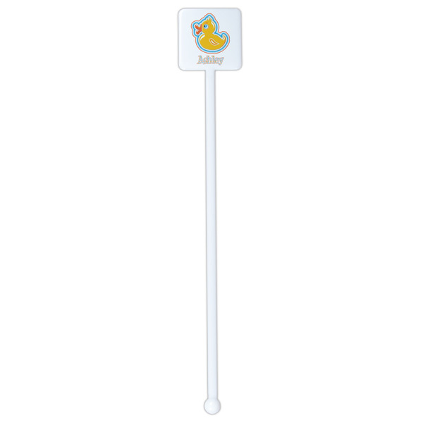 Rubber Duckies & Flowers White Plastic Stir Stick - Single Sided - Square - Single Stick