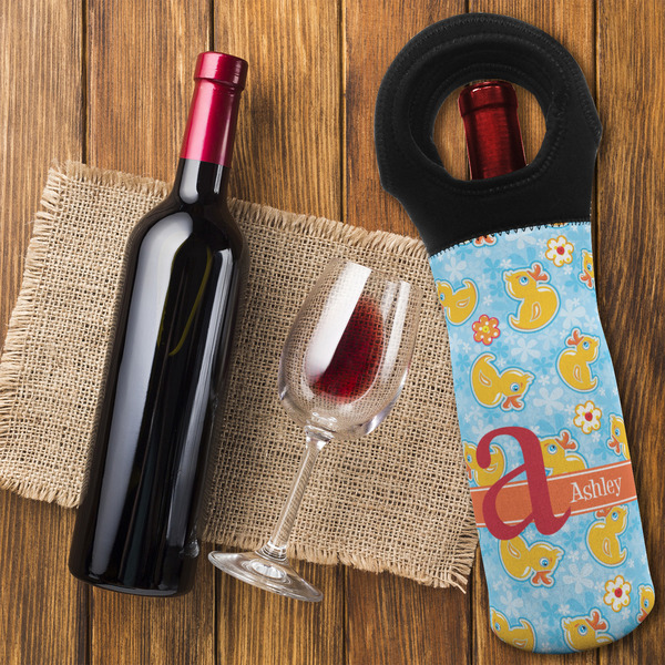 Rubber Duckies & Flowers Wine Tote Bag - FLATLAY