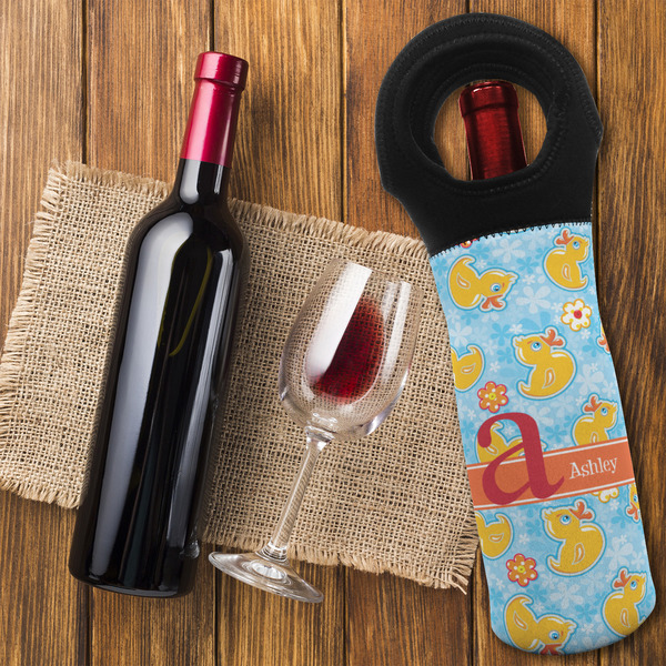 Rubber Duckies & Flowers Wine Tote Bag - FLATLAY