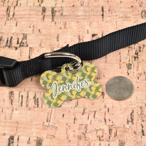 Rubber Duckie Camo Bone Shaped Dog ID Tag - Large - In Context
