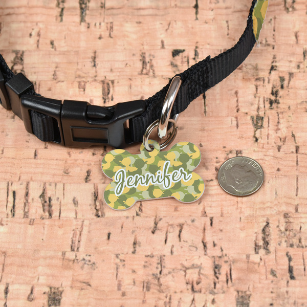 Rubber Duckie Camo Bone Shaped Dog ID Tag - Small - In Context