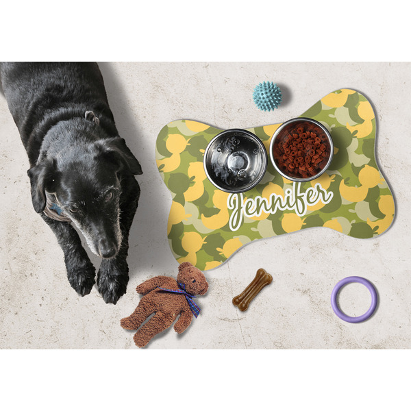 Rubber Duckie Camo Bone Shaped Mat w/ Food & Water