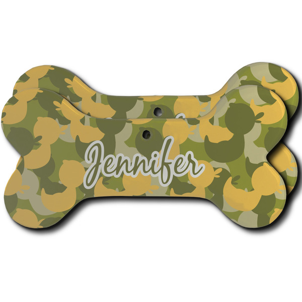 Custom Rubber Duckie Camo Ceramic Dog Ornament - Front & Back w/ Multiple Names