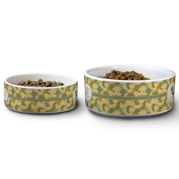 Rubber Duckie Camo Ceramic Dog Bowls - Size Comparison