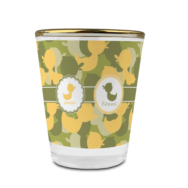 Custom Rubber Duckie Camo Glass Shot Glass - 1.5 oz - with Gold Rim - Set of 4 (Personalized)