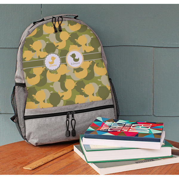 Rubber Duckie Camo Large Backpack - Gray - On Desk