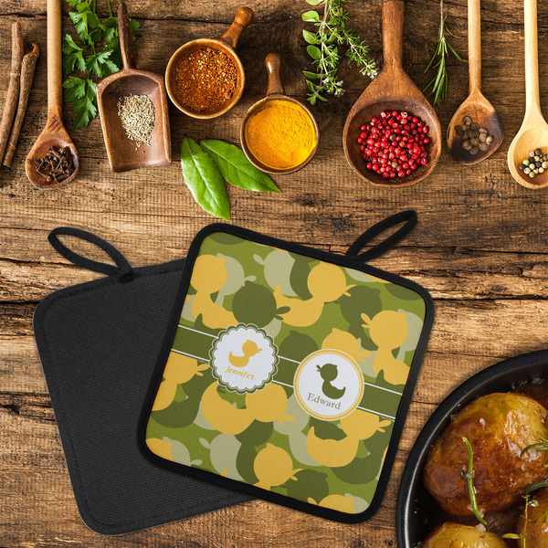Rubber Duckie Camo Neoprene Pot Holder - Set of 2  LIFESTYLE (Flatlay)