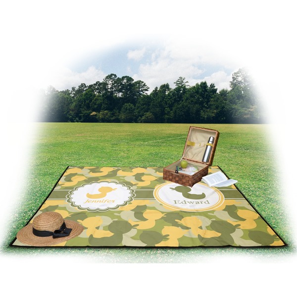 Rubber Duckie Camo Picnic Blanket - with Basket Hat and Book - in Use