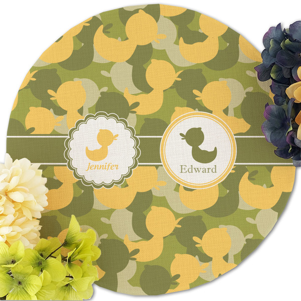 Rubber Duckie Camo Round Linen Placemats - Front (w flowers)