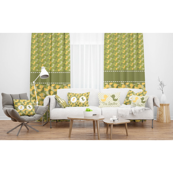 Rubber Duckie Camo Sheer and Custom Curtains in Room with Matching Pillows