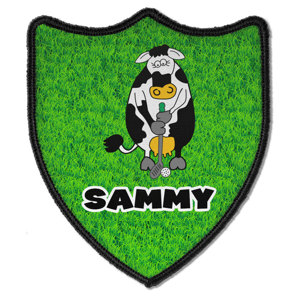 Custom Cow Golfer Iron On Shield Patch B w/ Name or Text