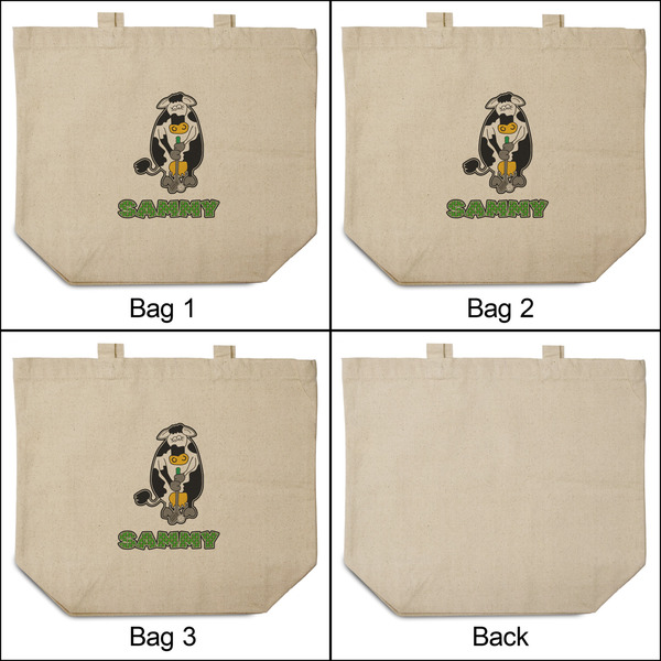 Cow Golfer 3 Reusable Cotton Grocery Bags - Front & Back View
