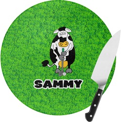 Cow Golfer Round Glass Cutting Board - Small (Personalized)