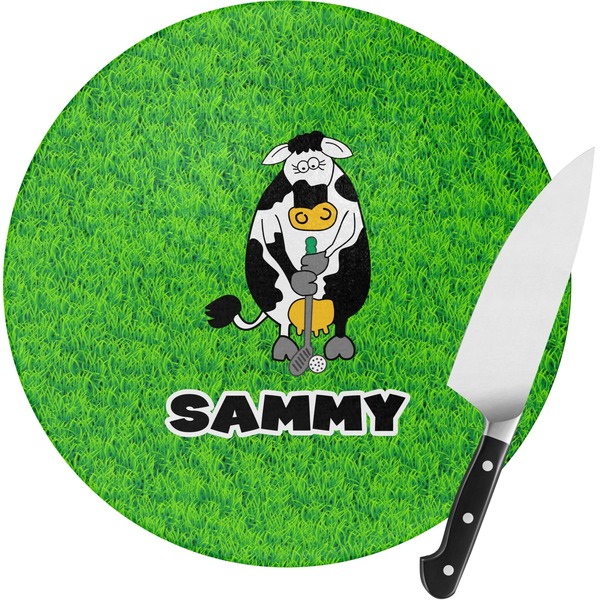 Custom Cow Golfer Round Glass Cutting Board - Small (Personalized)