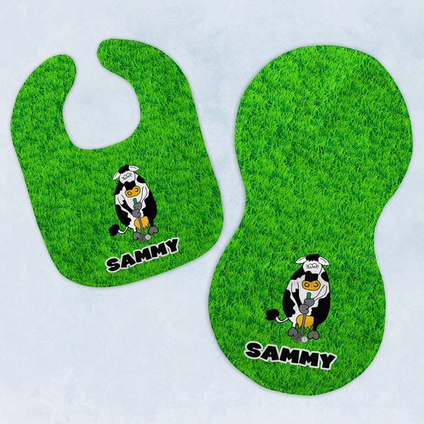 Custom Cow Golfer Baby Bib & Burp Set w/ Name or Text