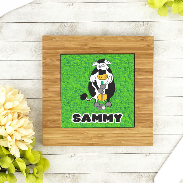 Cow Golfer Bamboo Trivet with 6" Tile - LIFESTYLE