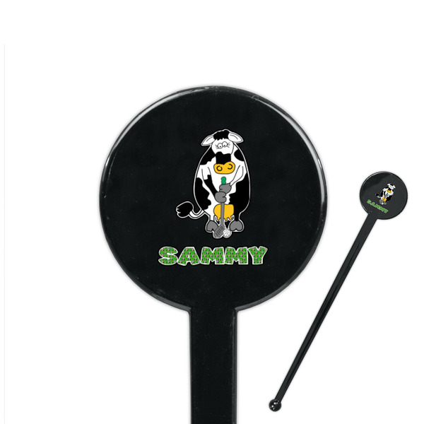 Custom Cow Golfer 7" Round Plastic Stir Sticks - Black - Double Sided (Personalized)