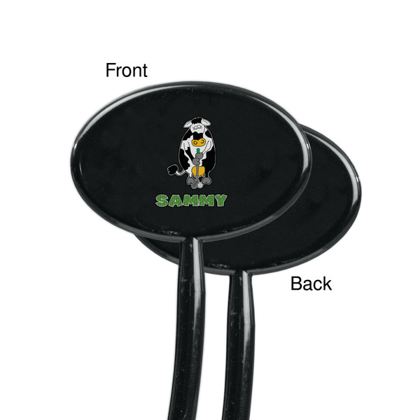 Cow Golfer Black Plastic 7" Stir Stick - Single Sided - Oval - Front & Back