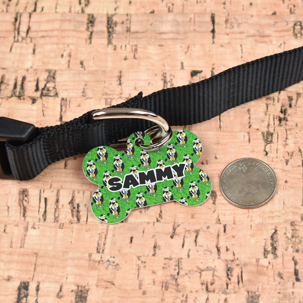 Cow Golfer Bone Shaped Dog ID Tag - Large - In Context